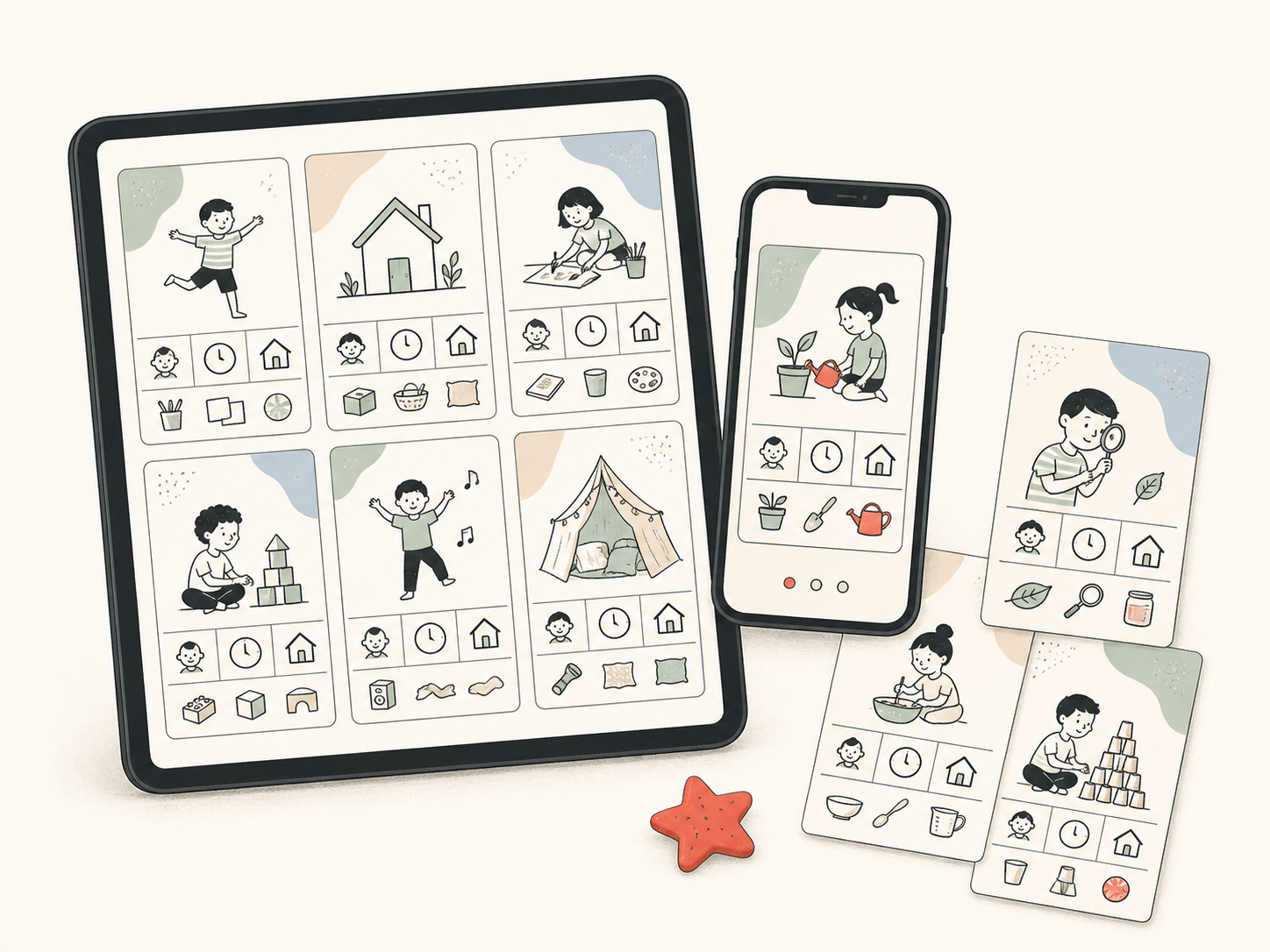 Tablet, celular e cards mostrando o catálogo de brincadeiras